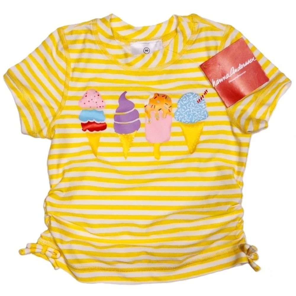New Hanna Andersson Girls 3 90 cm Yellow Stripes Ice Cream Rashguard Swim Top